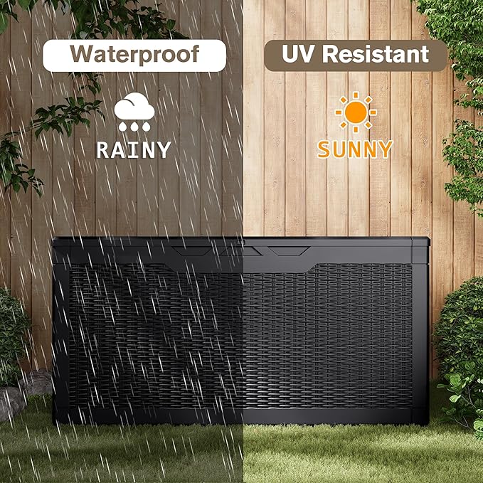 JUMMICO 100 Gallon Resin Deck Box, Waterproof Outdoor Storage Box with Lockable Lid for Garden Tools, Patio Cushions (Black)