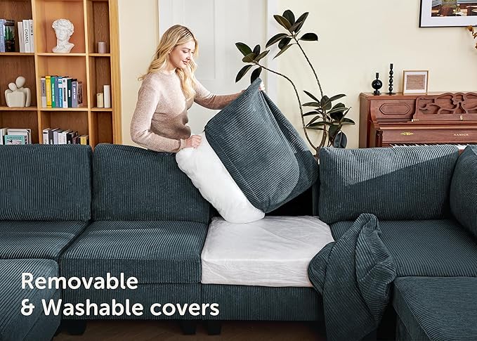 Nolany Sectional Sofa with Storage Ottoman, Corduroy Modular Sectional Couch, U Shape Sectional Couches for Living Room, Blue