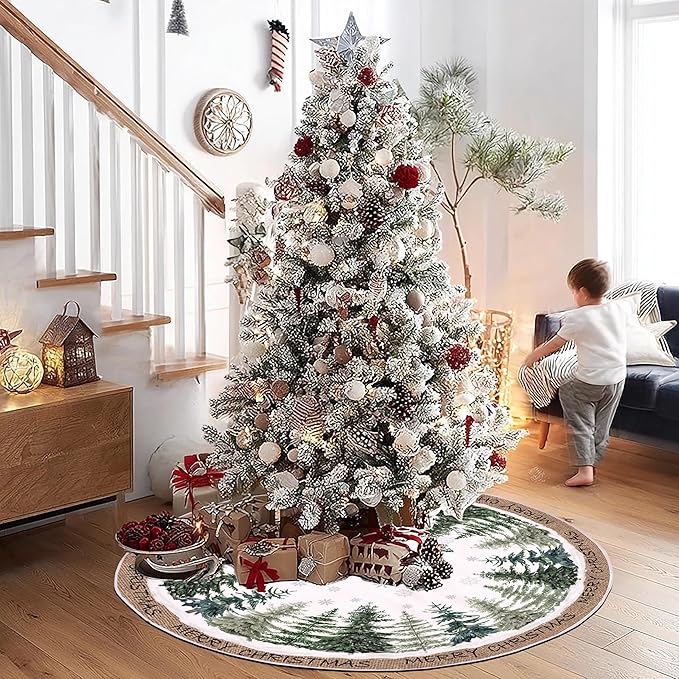 Baccessor Christmas Tree Skirt 48 Inch Pine Trees Snowy Forest Christmas Tree Skirt Collar for Farmhouse Vintage Rustic Merry Christmas Xmas Winter Holiday Party Decoration