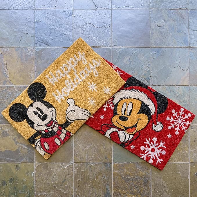 Gertmenian Disney Mouse Doormat Rug Retro Front Door Coir Mat Welcome Home Indoor Outdoor Entryway Carpet, 2-Pack 20x34, Mickey Happy Holidays/Snowflakes
