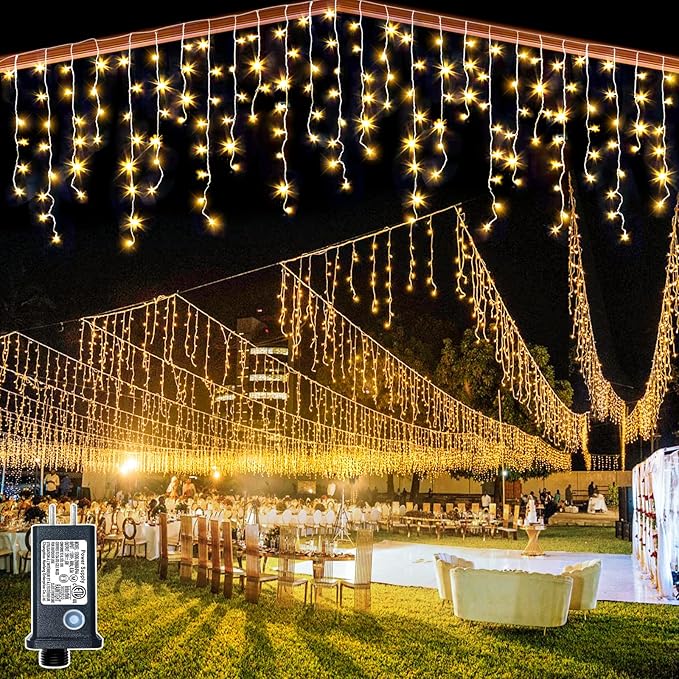 132ft Icicle Lights for Outside - 1280 LED Warm White Twinkle Lights with 240 Drops, 8 Modes Plug in Waterproof Timer Memory. Cannot be Extended. The Plug is in the Middle (66ft+66ft)