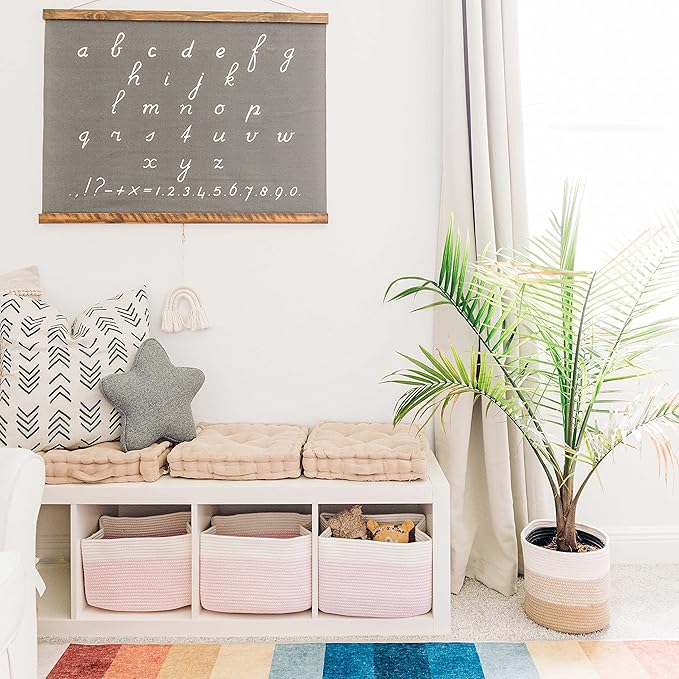 OrganiHaus Pink Basket for Books, Toy Organizers and Storage for Girls, Towel Baskets for Bathroom, Woven Baskets for Storage, Decorative Rope Storage Baskets, Cotton Rope Basket for Storage