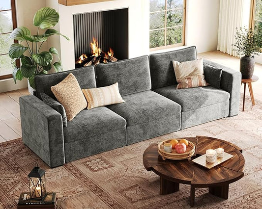 Oversized Modular Sofa Comfy Cloud Couch with Storage, Extra Deep Plush Sectional Sofa Set for Living Room, Covers Washable, Chenille, Olar (Grey, 3-Seater, Basic Shape)