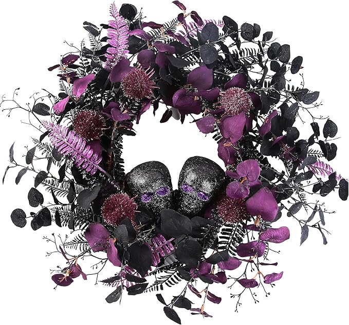 20" Halloween Wreaths for Front Door, Black Glitter Skulls Purple Eucalyptus Leaves Halloween Horror Decor, Gothic Party Room Decoration