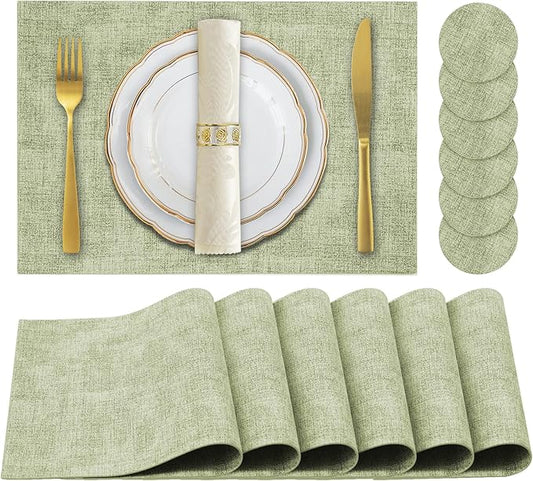 Faux Leather Placemats Set of 6,Heat Resistant Placemats for Dining Table, Easy Clean Non-Slip Place Mats, Waterproof Stain Resistant Wipeable Washable PU Table Mats, (Light Green)