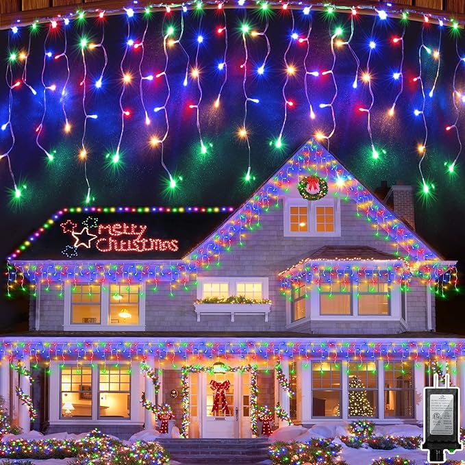 792 LED Christma Lights with 176 Drops, 82ft Outdoor Hanging lights with 8 Modes & Timer Memory, Outsite Waterproof Curtain String Lights for Front House Fence Tree Holiday Decorations Multicolor