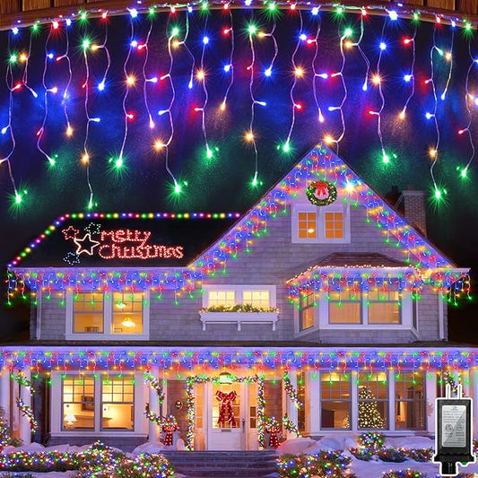 792 LED Christma Lights with 176 Drops, 82ft Outdoor Hanging lights with 8 Modes & Timer Memory, Outsite Waterproof Curtain String Lights for Front House Fence Tree Holiday Decorations Multicolor