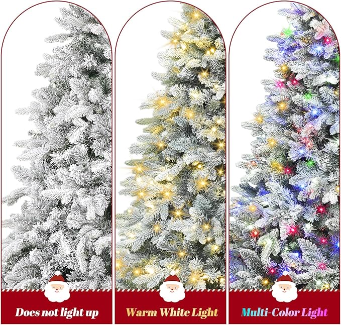 7.5FT Snow Flocked Pre-Lit Christmas Tree with 360° Rotating Base, 1470 PE/PVC Tips, 470 LED Lights, 8 Modes, Dimmable and Timer Functions, Musical Artificial Xmas Tree for Holiday Decor