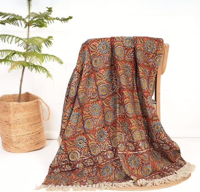 Handmade Cotton Throw Blanket | Floral Block Print in Orange & Navy | 48x70 Inches Fringed Bed Runner | Lightweight Boho Sofa Throw for Couch, Living Room & Bedroom Decor