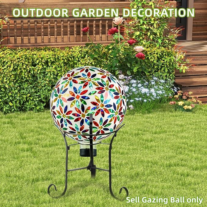 VOREEN Mosaic Glass Gazing Ball Outdoor Gazing Globe, Reflective Ball Yard Decoration for Homes, Patio, Lawn and Gardens, Gift for Mom Wife Friend, 10-Inch, Multi Colored Flowers Design