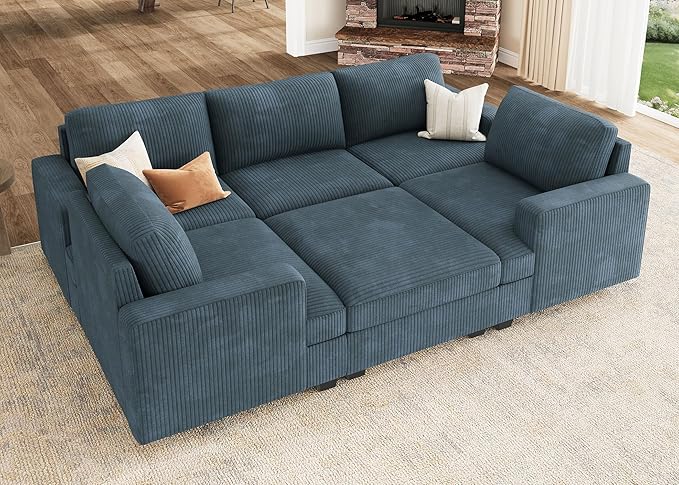 Nolany Modular Sectional Couch with Storage Ottoman, Corduroy Sleeper Sectional Sofa with Chaise, Sectional Couches for Living Room, Blue
