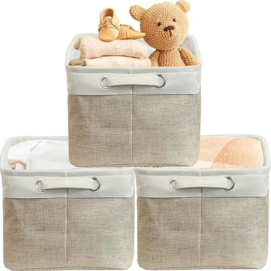 SIMPLE HOUSEWARE Large Fabric Storage Bin, 14.4" x 10" with Handles, 3-Pack, Foldable Organizer for Closet and Shelf, Beige