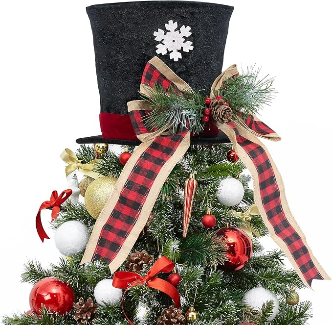 GENMOUS Christmas Hat Tree Topper, Buffalo Plaid Snowflake Christmas Tree Topper Bows with Light, Xmas Tree Top Ornament Home Decorations Ideal Gifts