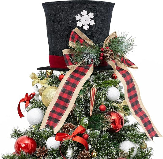 GENMOUS Christmas Hat Tree Topper, Buffalo Plaid Snowflake Christmas Tree Topper Bows with Light, Xmas Tree Top Ornament Home Decorations Ideal Gifts