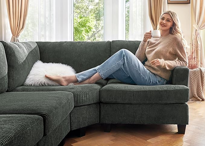Nolany Sectional Sofa with Storage Ottoman, Corduroy Modular Sectional Couch, U Shape Sectional Couches for Living Room, Green