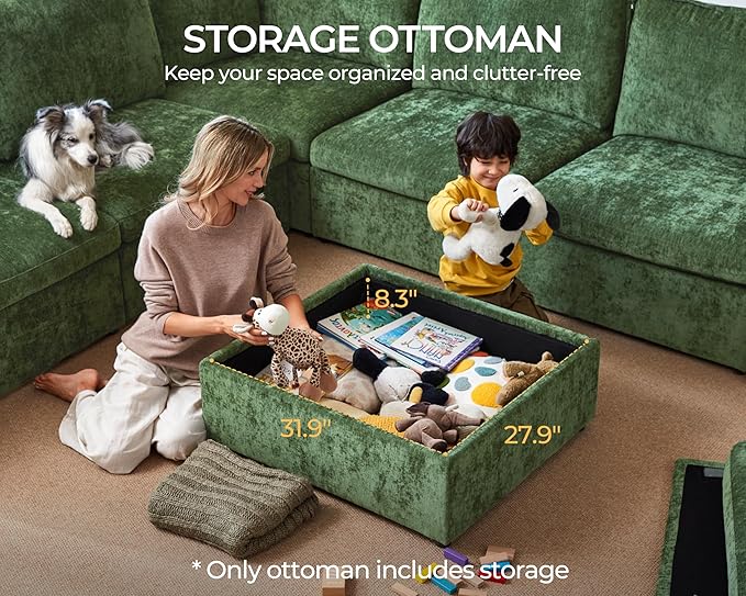 Oversized Modular Sofa Comfy Cloud Couch with Storage, Extra Deep Plush Sectional Sofa Set for Living Room, Covers Washable, Chenille, Olar (Green, 6-Seater with 2 Corners, u-Shaped)