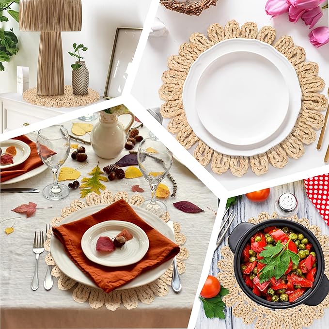 GENMOUS 13" Round Woven Placemats Set of 12, Corn Husk Natural Braided Table Place Mats, Boho Rattan Wicker Charger Plates for Home Farmhouse Wedding Thanksgiving Christmas Spring Holiday