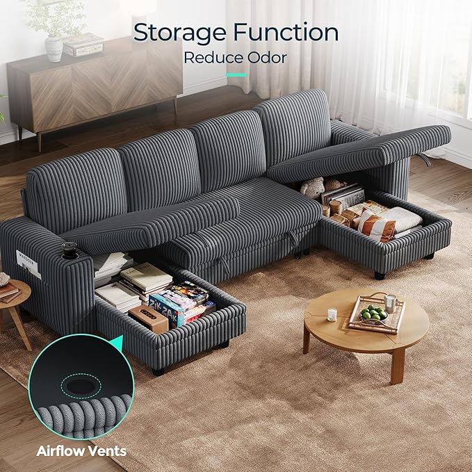 LINSY HOME Sectional Sleeper Sofa with Pull Out Couch Bed - Convertible Plush Corduroy Cloud Couch with Storage Chaise & USB Charging, Comfy U Shaped Modular Couches for Living Room, Grey