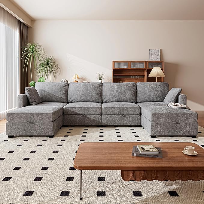 mestyl Modular Sectional Sofa Convertible U Shaped Sofa Couch Set with Storage for Living Room, Modern 4 Seater Modular Sectional Couch with 2 Movable Ottoman (Grey)