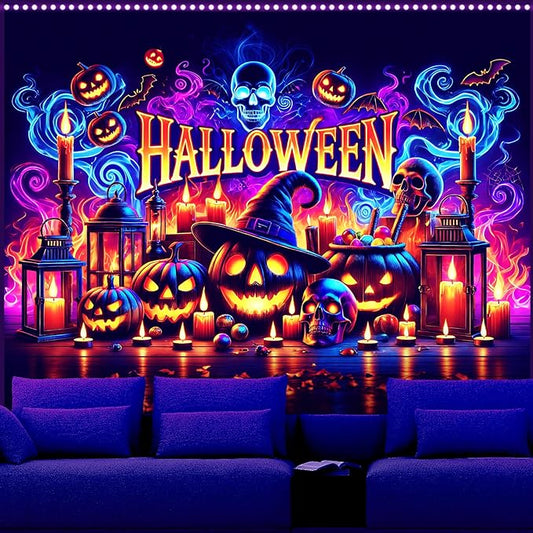 AOHMPT Glow-in-the-Dark Halloween Tapestry - UV Reactive Black Light Wall Hanging Decor for Spooky Parties, Bedroom, Living Room (Pumpkin, 79L x 59W, Unframed)