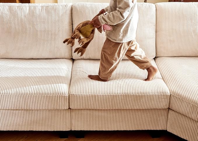 Nolany Modular U-Shape Oversized Corner Sectional Sofa with Storage Ottoman, Corduroy Fabric, Beige, 72.9"D x 128.5"W x 35"H