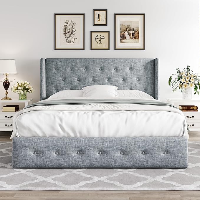 Allewie Queen Size Lift Up Storage Bed, Button Tufted Headboard with Wingback, Hydraulic Support, No Box Spring Needed, Grey Blue