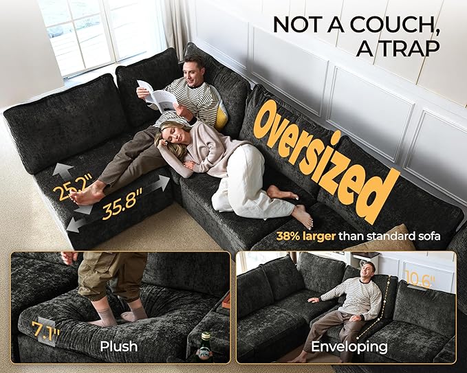 Oversized Modular Sofa Comfy Cloud Couch with Storage, Extra Deep Plush Sectional Sofa Set for Living Room, Covers Washable, Chenille, Olar (Black, 6-seatser with Corner & Ottoman, v-Shaped)