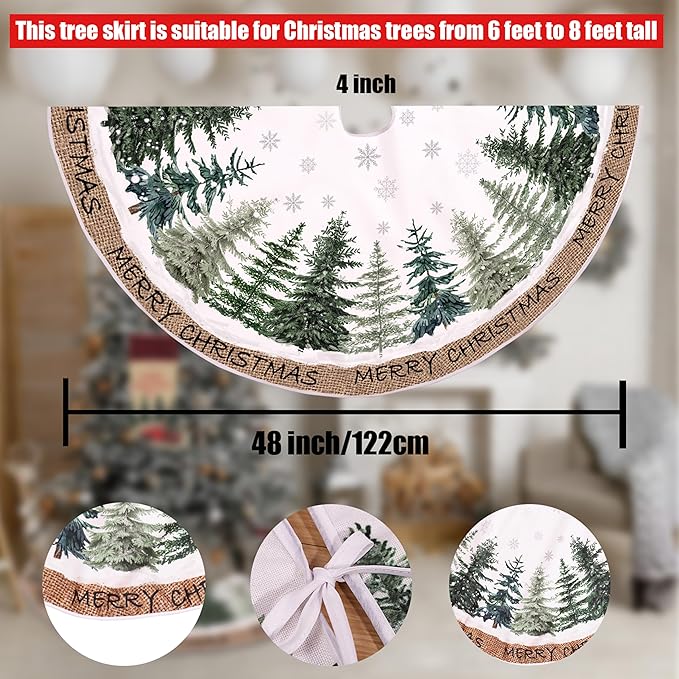 Baccessor Christmas Tree Skirt 48 Inch Pine Trees Snowy Forest Christmas Tree Skirt Collar for Farmhouse Vintage Rustic Merry Christmas Xmas Winter Holiday Party Decoration