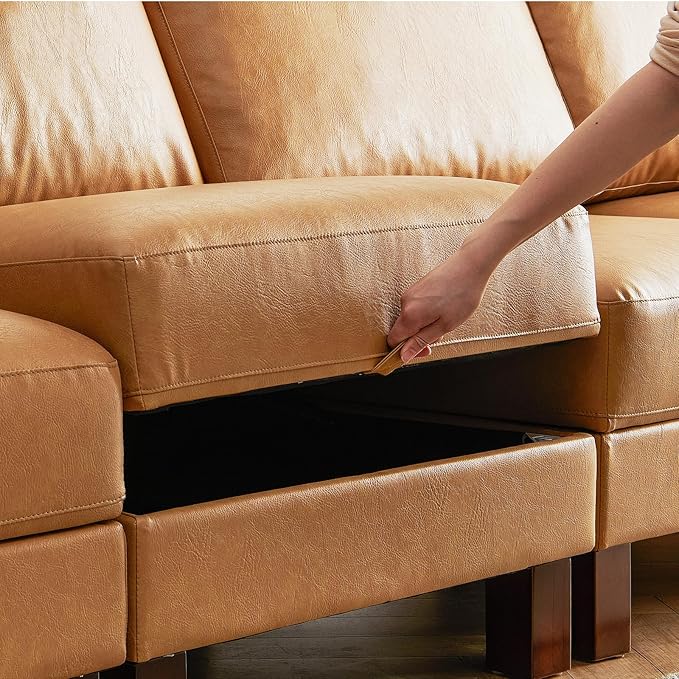 Faux Leather Modular Sofa Couch 128" Modern 7-Seat Sofa with Chaises, Upholstered Sectional Couch with Wood Square Legs for House, Living Room, Reception Room, Apartment, Tan