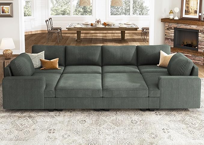 Nolany Sectional Couch with Storage Ottoman, Corduroy Sleeper Sectional Sofa with Chaise, Modular Sectional Couches for Living Room, Green