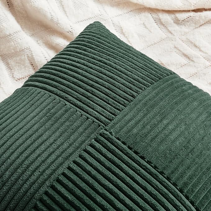 Fancy Homi Set of 2 Dark Green Decorative Throw Pillow Covers 22x22 Inch for Living Room Couch Bed, Boho Farmhouse Forest Green Home Decor, Soft Corss Corduroy Patchwork Textured Cushion Case