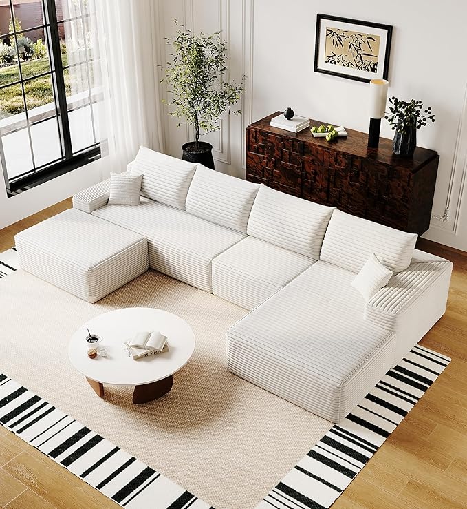 136" Sectional Couches for Living Room Modern Modular Sofa with L-Shape Couchs Upholstered Boneless Couch Deep Seat Sectional Couch with Chaise (White, Right Facing Chaise+3Seaters+Ottoman)