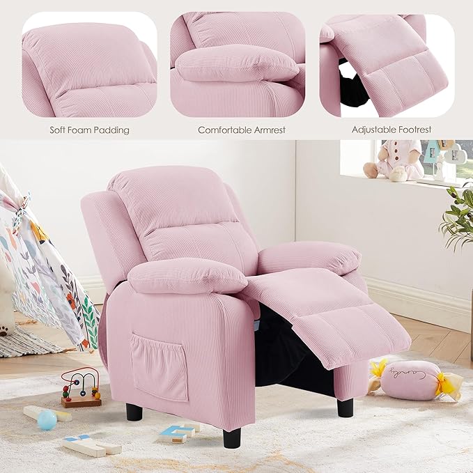 Ulax furniture Corduroy Kids Recliner Chair, Toddler Armrest Sofa Couch, Ergonomic Adjustable Lounge Sofa with Footrest, Padded Backrest, Storage Arms, Pink Recliner for Girls and Boys