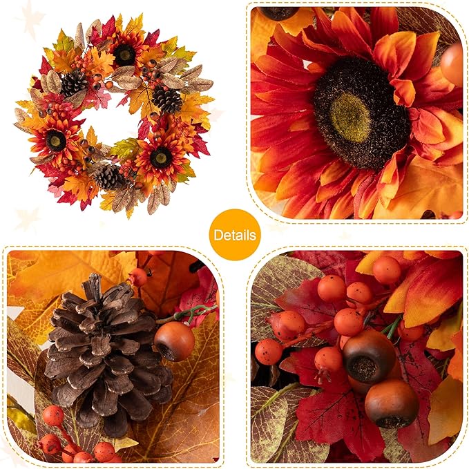 Glitzhome 24''D Fall Wreath with Hanger, Artificial Autumn Wreath for Front Door with Sunflower, Pinecone and Berry, Harvest Wreaths Decor for Indoor Outdoor Holiday Decoration