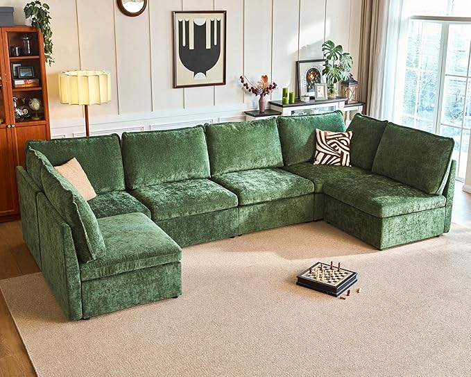 Oversized Modular Sofa Comfy Cloud Couch with Storage, Extra Deep Plush Sectional Sofa Set for Living Room, Covers Washable, Chenille, Olar (Green, 6-Seater with 2 Corners, u-Shaped)