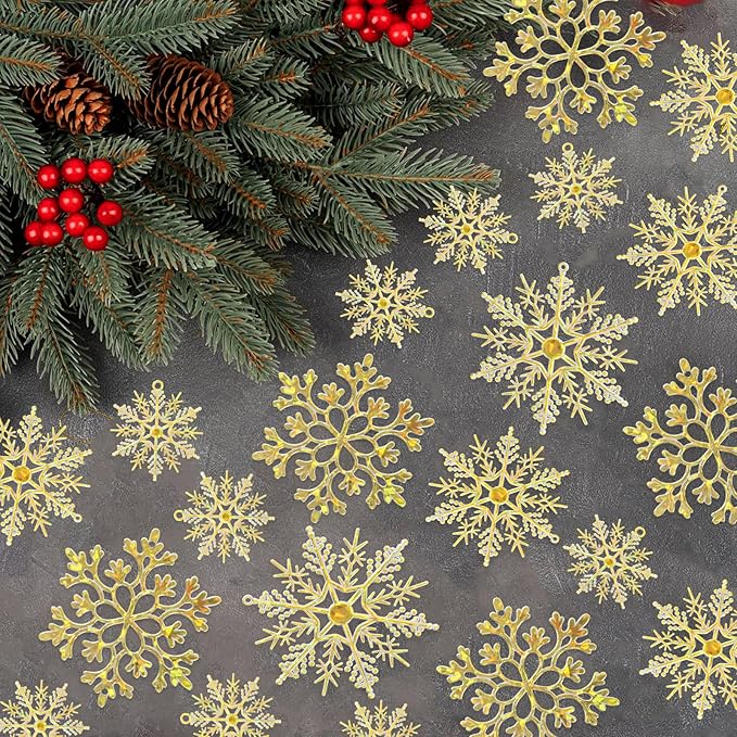 36pcs Gold Shine Christmas Snowflake Ornaments, Plastic Glitter Hanging Snow Flakes for Christmas Tree Decorations Winter Wonderland Frozen Birthday Party Holiday Home Decor