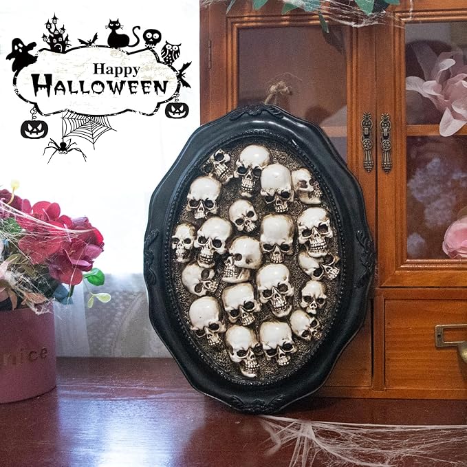 10.2" Halloween Skull Decorations, Gothic Skeleton Head Halloween Hanging Wall Decor, Resin Skull Sculptures for Halloween Indoor Outdoor Holiday Party Home Decoration