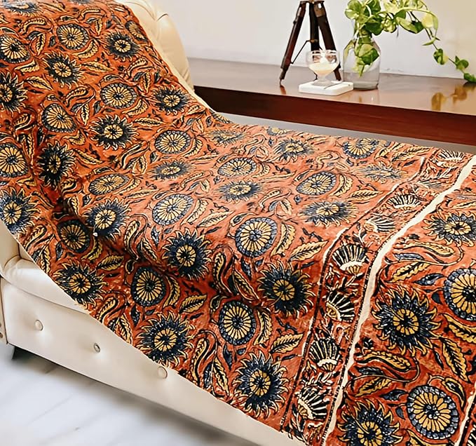 Handmade Cotton Throw Blanket | Floral Block Print in Orange & Navy | 48x70 Inches Fringed Bed Runner | Lightweight Boho Sofa Throw for Couch, Living Room & Bedroom Decor