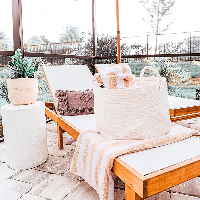 OrganiHaus Large Laundry Basket, Woven Cotton Rope Basket for Blankets, Toy Storage, Nursery Hamper, Living Room Decor Organizer, Soft & Durable Hamper with Handles, 20x13 inches - Off-White