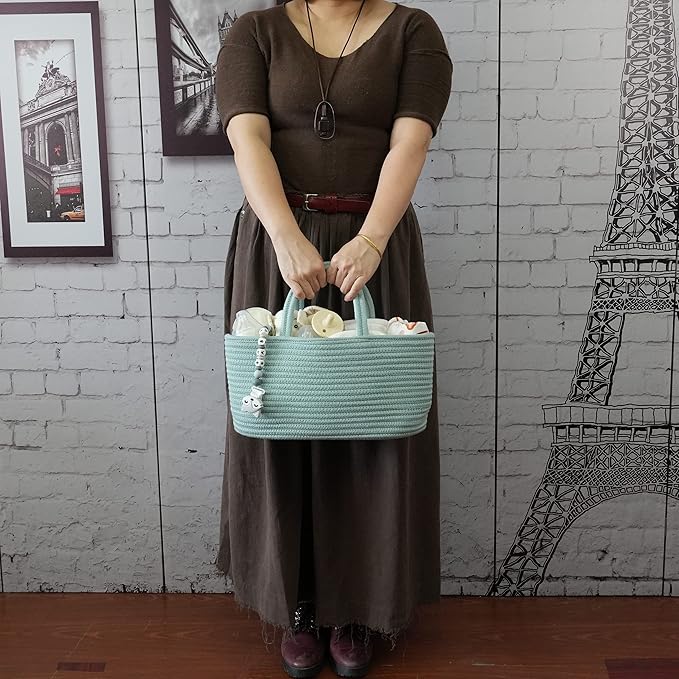 Diaper Caddy Organizer for Baby Cotton Rope Nursery Storage Bin Basket Portable Holder Tote Bag for Changing Table Car Travel Baby Shower Gifts Newborn Essentials Registry Must Haves Light Green