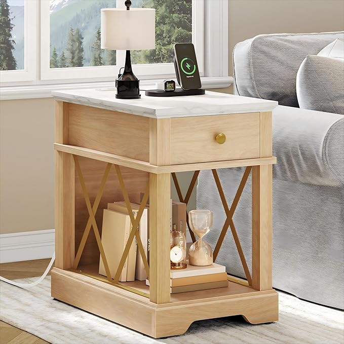 YITAHOME Farmhouse End Table, Side Table with Power Outlets, Nightstand with Drawer and Open Storage, Rustic End Table for Living Room, Sleeping Room, Natural Walnut