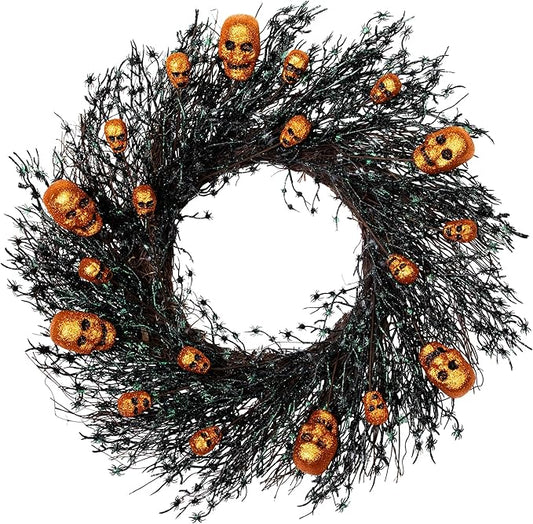 Glittered Skulls and Spiders Halloween Twig Wreath - 22" - Unlit