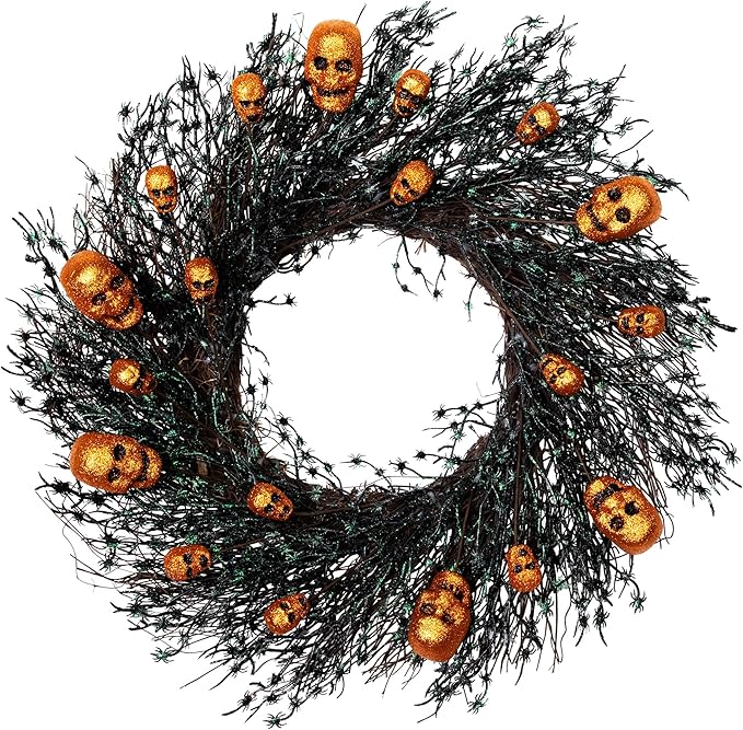 Glittered Skulls and Spiders Halloween Twig Wreath - 22" - Unlit