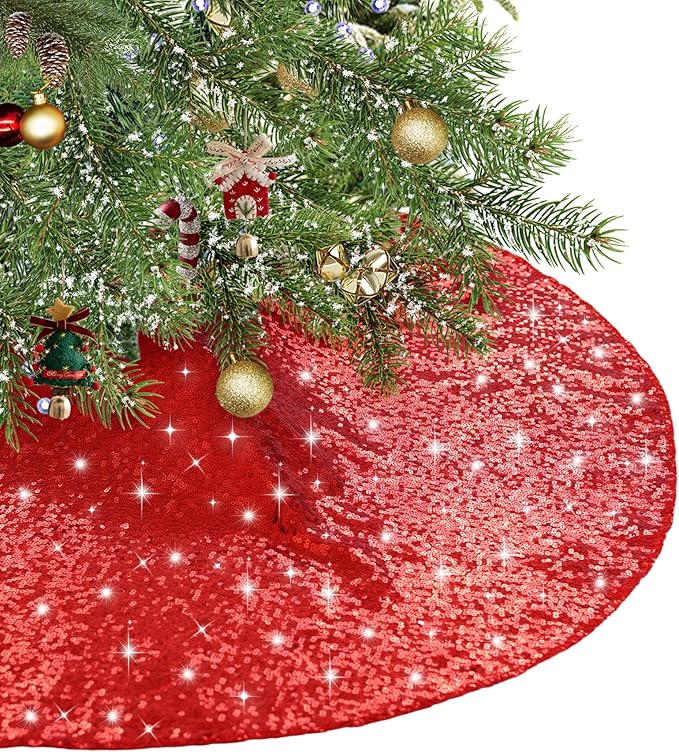 Eternal Beauty Christmas Tree Skirt, 70 Inch Red Sequin Tree Skirt Small Xmas Tree Skirt for Christmas Tree Decorations