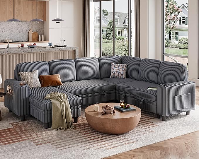 LINSY HOME Sectional Sleeper Sofa with Pull Out Couch Bed - Convertible Plush Corduroy Cloud Couch with Storage Chaise & USB Charging, Comfy Modular Couches for Living Room, Grey