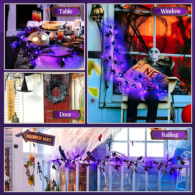 Halloween Lighted Willow Vine Twig Decoration, 6.56 FT Light up Garland Battery Operated with Purple LED Lights, 8 Modes and Timer, 12 Bat and Ghost Ornaments, 4 Adhesive Hooks