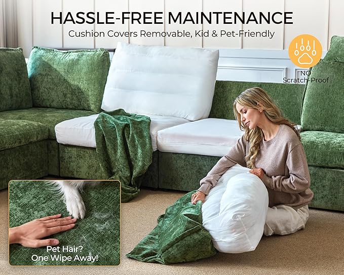 Oversized Modular Sofa Comfy Cloud Couch with Storage, Extra Deep Plush Sectional Sofa Set for Living Room, Covers Washable, Chenille, Olar (Green, 6-seatser with Corner & Ottoman, v-Shaped)