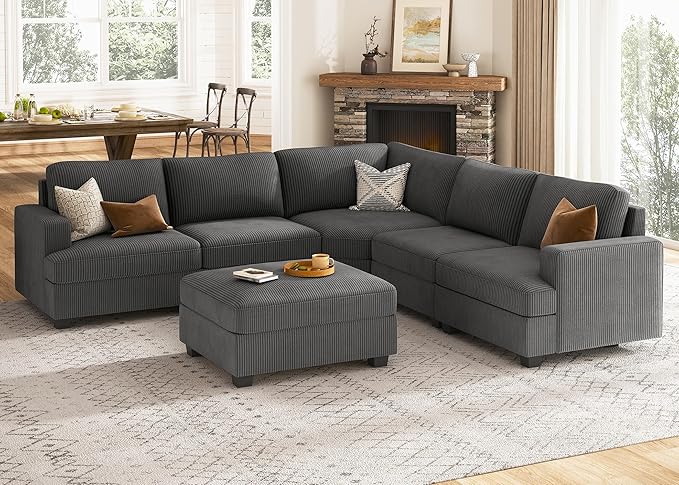 Nolany Sectional Sofa with Storage Ottoman, U Shape Couch with Chaise, Corduroy Modular Sectional Couch for Living Room, Dark Grey