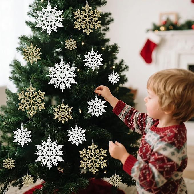 36pcs Snowflakes-Christmas Tree Decorations, Snowflake Ornaments for Tree, Plastic Glitter White Gold Snow Flakes Ornaments, Christmas Indoor Winter Wonderland Frozen Birthday Party Holiday Home Decor
