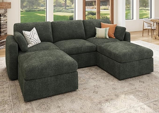 HONBAY Modular Sectional Sofa with Storage Seats, U Shaped Sectional Couch with Storage, Chenille Sectional Couches for Living Room, Green